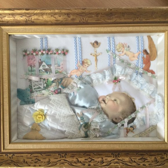 Framed wall art decor 3D mixed media paper fabric baby angel made by B. Angelina - Picture 4 of 5